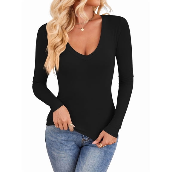 Long Sleeve Shirts for Women Fall Fashion V Neck Basics Crop Tops Slim Fitted Y2K Tops Outfits Clothes Black XL