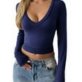 thumbnail image 1 of Long Sleeve Shirts for Women Fall Fashion V Neck Basics Crop Tops Slim Fitted Y2K Tops Outfits Clothes Navy Blue XL, 1 of 6