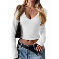 thumbnail image 1 of Long Sleeve Shirts for Women Fall Fashion V Neck Basics Crop Tops Slim Fitted Y2K Tops Outfits Clothes White S, 1 of 8