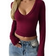 thumbnail image 1 of Long Sleeve Shirts for Women Fall Fashion V Neck Basics Crop Tops Slim Fitted Y2K Tops Outfits Clothes Wine Red M, 1 of 6
