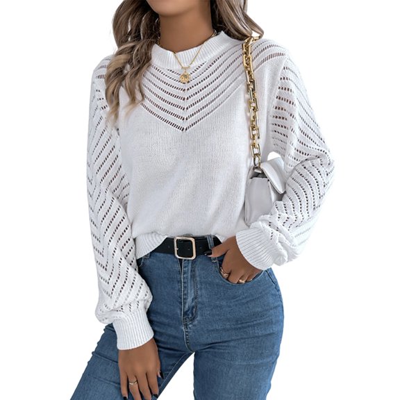 Long Sleeve Shirts for Women Fall Fashion V Neck Hollow Out Sweaters Trendy Solid Loose Comfy Blouses White M