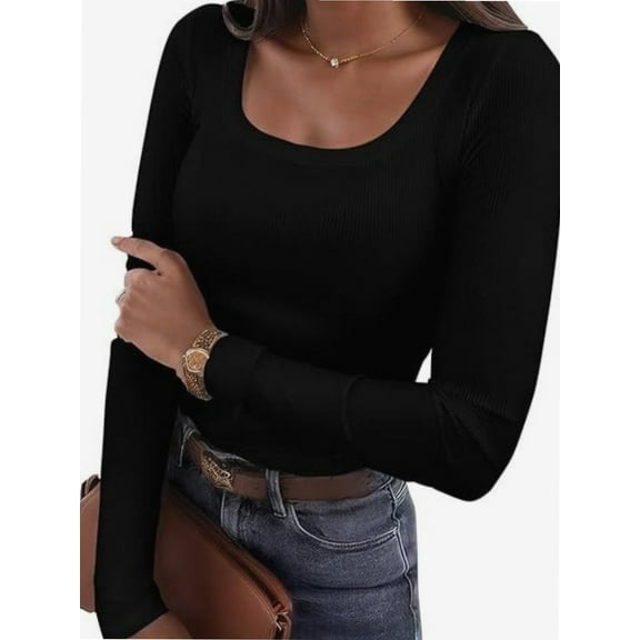 Long Sleeve Shirts for Women Fall Outfits Knit Tops Scoop Neck Slim Fit Basic Tee
