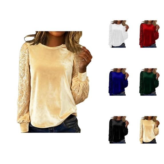 Long Sleeve Shirts for Women Fall Winter Velvet Top Sequin Sleeve Patchwork Crewneck Dressy Casual Blouse Night out Tops