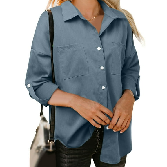Long Sleeve Shirts for Women, Fashion Loose Denim Shirt Pocket Long Sleeve Solid Color Top, Blue S