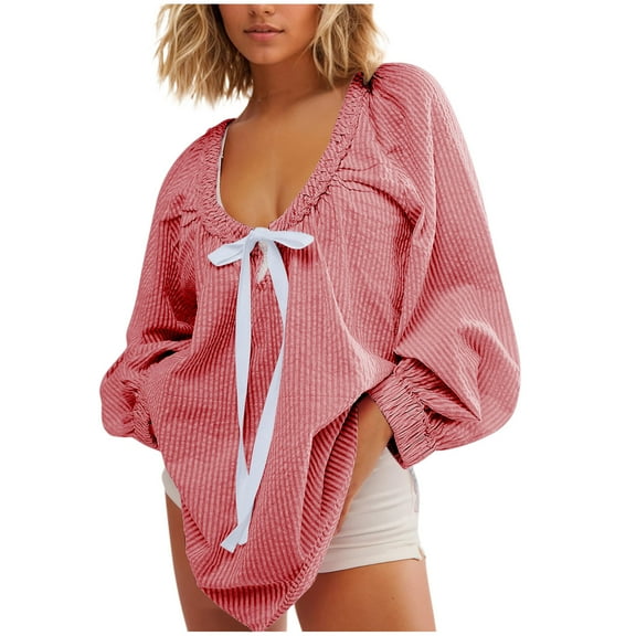 Long Sleeve Shirts for Women Fashion Scoop Neck Bow Tie Front Y2k Oversized Loose Blouses Summer Fall Striped Print Blouse Off Shoulder Tops