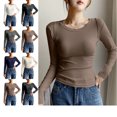 thumbnail image 1 of Long Sleeve Shirts for Women Fashion Slim Fit Basic T-Shirt Casual Solid Color Blouses Trendy Winter Womens Tops Coffee XL, 1 of 5