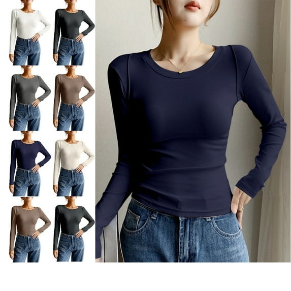 Long Sleeve Shirts for Women Fashion Slim Fit Basic T-Shirt Casual Solid Color Blouses Trendy Winter Womens Tops Navy M