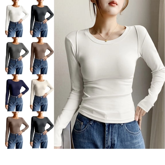 Long Sleeve Shirts for Women Fashion Slim Fit Basic T-Shirt Casual Solid Color Blouses Trendy Winter Womens Tops White XL