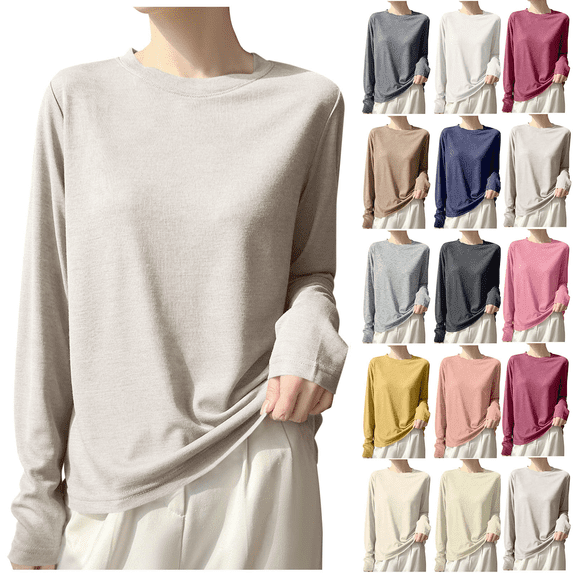 Long Sleeve Shirts for Women Fashion Soft Lightweight Thin Solid Color Round Neck Basic Loose Tunic Tops