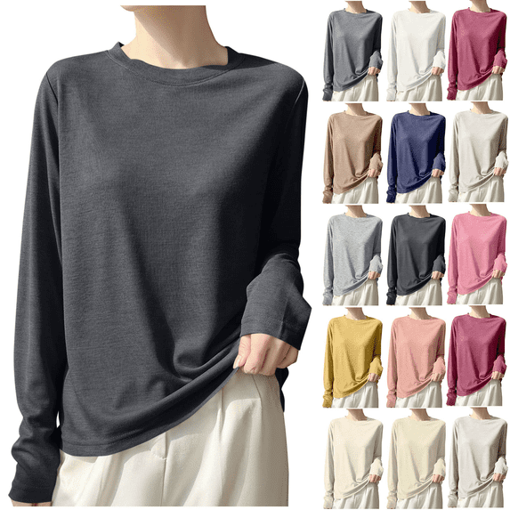 Long Sleeve Shirts for Women Fashion Soft Lightweight Thin Solid Color Round Neck Basic Loose Tunic Tops