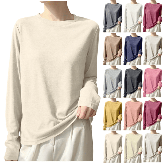 Long Sleeve Shirts for Women Fashion Soft Lightweight Thin Solid Color Round Neck Basic Loose Tunic Tops