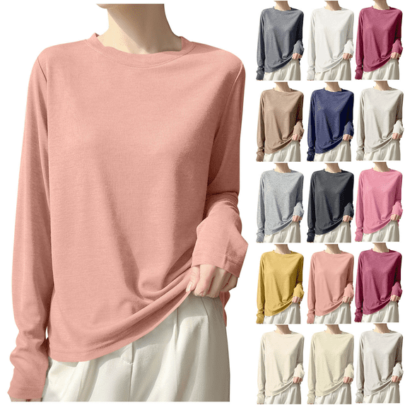 Long Sleeve Shirts for Women Fashion Soft Lightweight Thin Solid Color Round Neck Basic Loose Tunic Tops