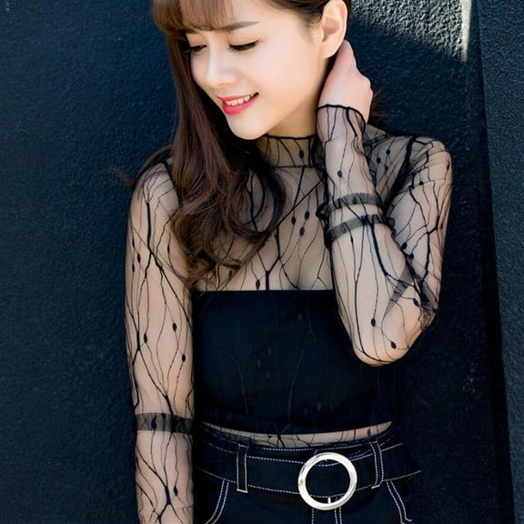 Long Sleeve Shirts for Women Fashion Women's Casual Mesh O-Neck Long Sleeve Printed Loose Ladies Tops Shirts A