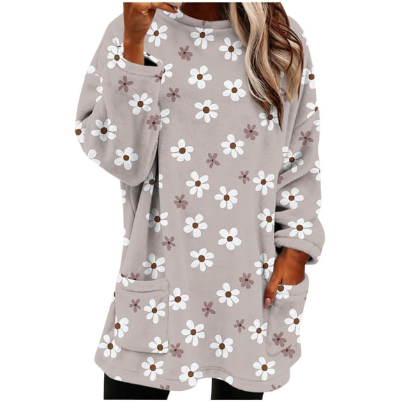 Long Sleeve Shirts for Women Flannel Winter Warm Crewneck Graphic Printed Tops Casual Loose Pullover Top with Pockets (L, Gray)
