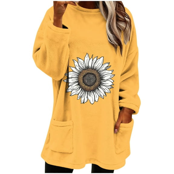 Long Sleeve Shirts for Women Flannel Winter Warm Crewneck Graphic Printed Tops Casual Loose Pullover Top with Pockets (XL, Yellow)