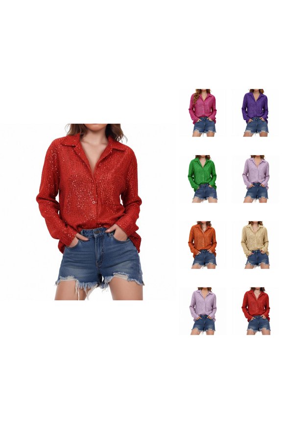 Long Sleeve Shirts for Women Glitter Sequin Top Button Down Collared Sparkle Blouse Night out Tops Party Clubwear