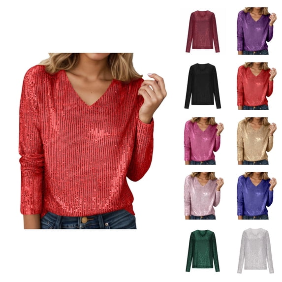 Long Sleeve Shirts for Women Glitter Sequin Top V Neck Casual Sparkle Blouse Night out Tops Party Clubwear