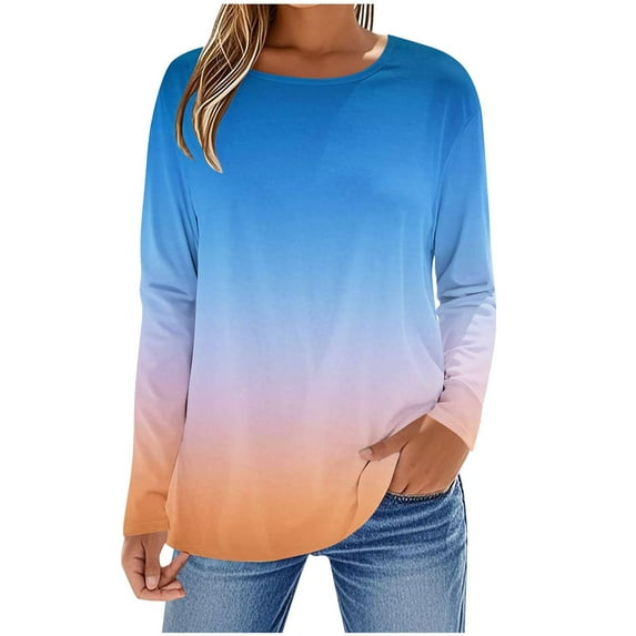 Long Sleeve Shirts for Women Gradient Color Round Neck Tops Fall Casual Tunic Tops