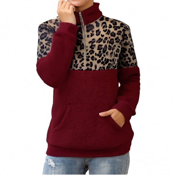 Long Sleeve Shirts for Women Hemlock Leopard Print Sweater Stitching 1/4 Zipper Collar Top Double Fleece Warm Jacket With Pockets Sweatshirt