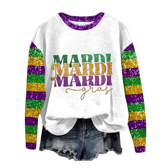 Long Sleeve Shirts for Women Hemlock Mardi Carnival Print Crew Neck Long Sleeve Top Sweatshirt