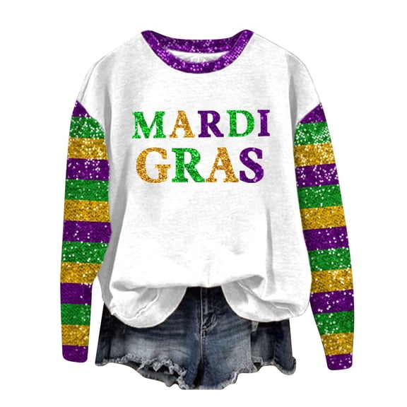 Long Sleeve Shirts for Women Hemlock Mardi Carnival Print Crew Neck Long Sleeve Top Sweatshirt