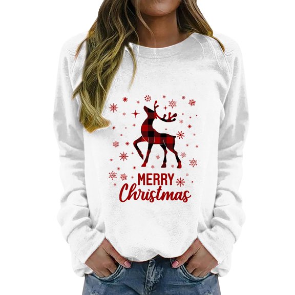 Long Sleeve Shirts for Women Hemlock Round Neck Long Sleeved Deer Merry Christmas Printed Hoodie Sweatshirt
