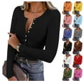 thumbnail image 1 of Long Sleeve Shirts for Women Henley Button Down Tops Ribbed Knit Slim Fit Fall Basic Tee 2025 Casual Trendy Clothes Black L, 1 of 6