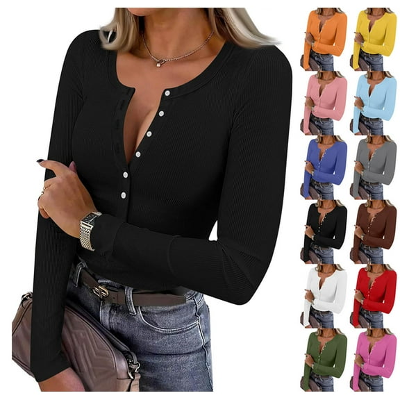 Long Sleeve Shirts for Women Henley Button Down Tops Ribbed Knit Slim Fit Fall Basic Tee 2025 Casual Trendy Clothes Black S