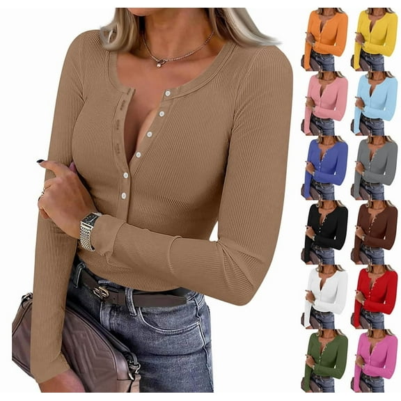 Long Sleeve Shirts for Women Henley Button Down Tops Ribbed Knit Slim Fit Fall Basic Tee 2025 Casual Trendy Clothes Coffee L