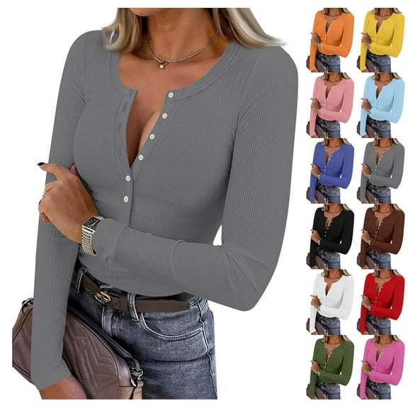 Long Sleeve Shirts for Women Henley Button Down Tops Ribbed Knit Slim Fit Fall Basic Tee 2025 Casual Trendy Clothes Gray L