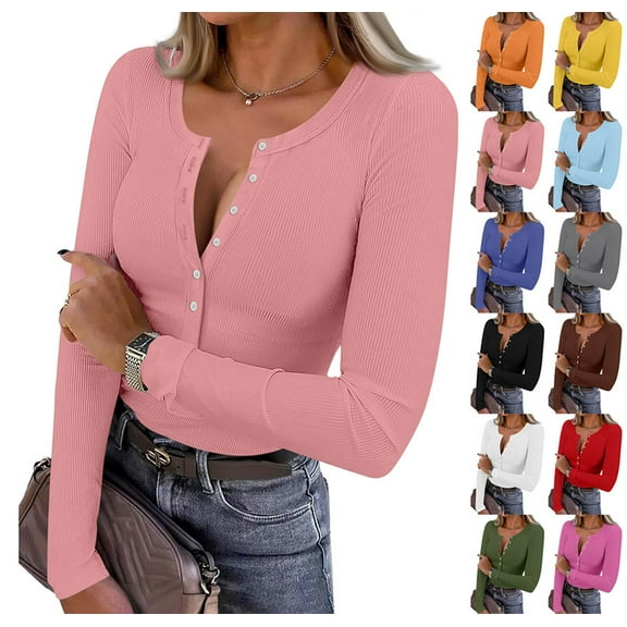 Long Sleeve Shirts for Women Henley Button Down Tops Ribbed Knit Slim Fit Fall Basic Tee 2025 Casual Trendy Clothes Pink L