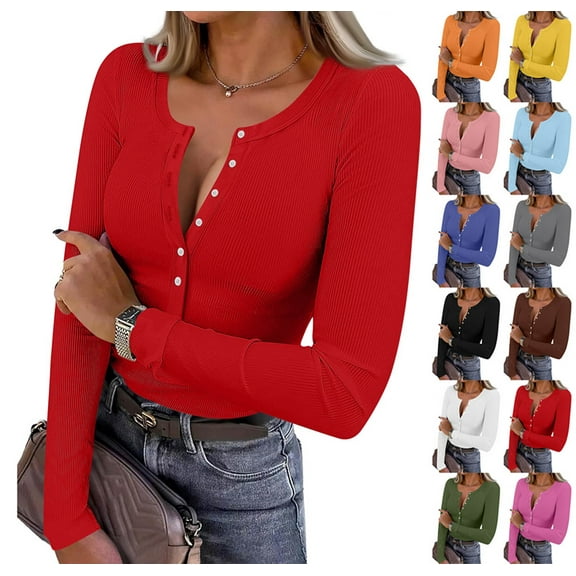 Long Sleeve Shirts for Women Henley Button Down Tops Ribbed Knit Slim Fit Fall Basic Tee 2025 Casual Trendy Clothes Red L