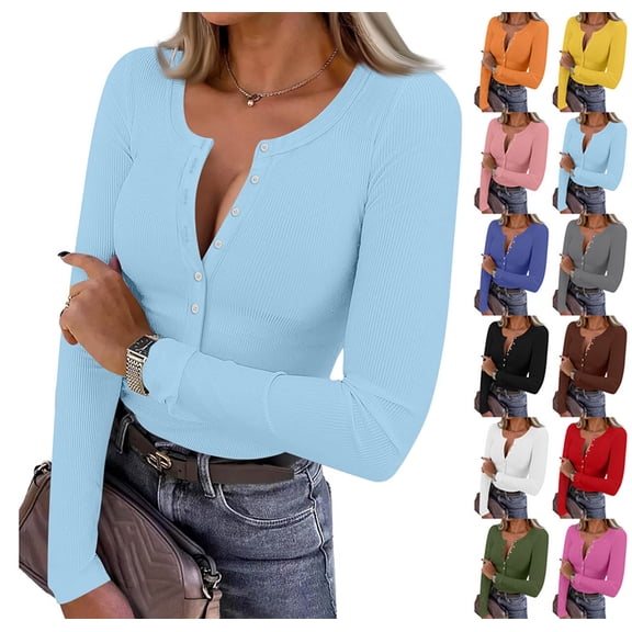 Long Sleeve Shirts for Women Henley Button Down Tops Ribbed Knit Slim Fit Fall Basic Tee 2025 Casual Trendy Clothes Sky Blue L