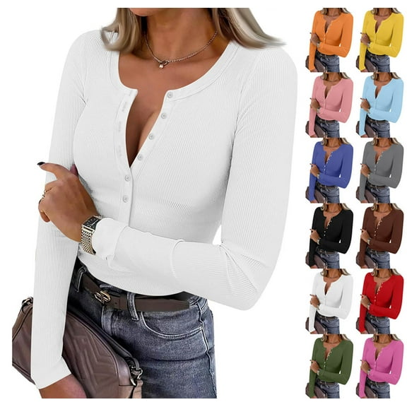 Long Sleeve Shirts for Women Henley Button Down Tops Ribbed Knit Slim Fit Fall Basic Tee 2025 Casual Trendy Clothes White S