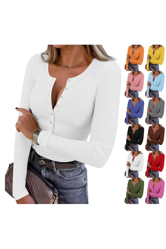 Long Sleeve Shirts for Women Henley Button Down Tops Ribbed Knit Slim Fit Fall Basic Tee 2025 Casual Trendy Clothes White S