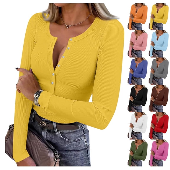Long Sleeve Shirts for Women Henley Button Down Tops Ribbed Knit Slim Fit Fall Basic Tee 2025 Casual Trendy Clothes Yellow L
