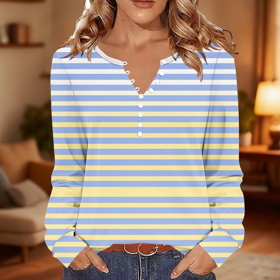 Long Sleeve Shirts for Women Henley Neck Fall Striped Tops Casual Basic Tees Loose Fit Soft Dressy Tunics Blouses