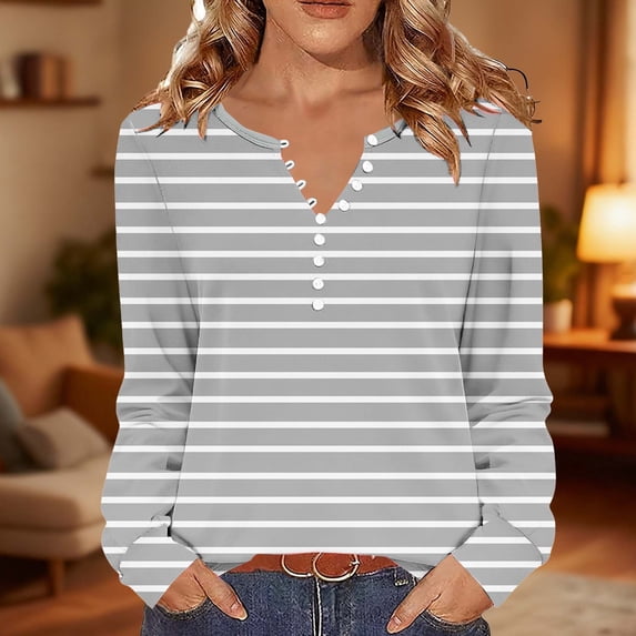 Long Sleeve Shirts for Women Henley Neck Fall Striped Tops Casual Basic Tees Loose Fit Soft Dressy Tunics Blouses