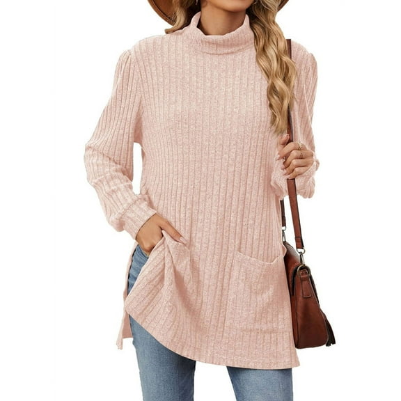 Long Sleeve Shirts for Women High Neck Casual Tunic Tops Pink L