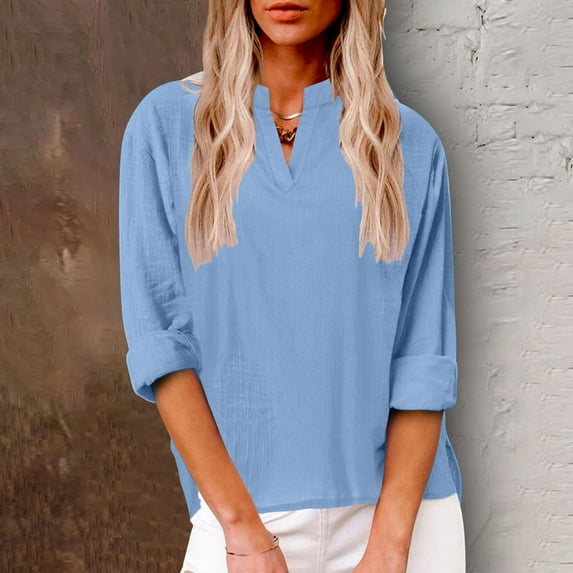 Long Sleeve Shirts for Women Irregular Hem Tops Cotton V-Neck Blouse Tunic Solid Color Casual Loose Fit Tee (Blue L)