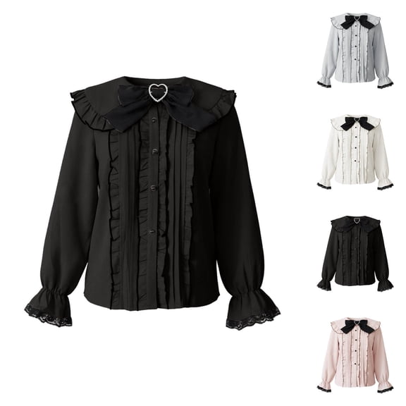 Long Sleeve Shirts for Women Jirai Kei Cutecore Clothes Kawaii Clothing Bow Center Ruffle Trim Sailor Collar Blouse