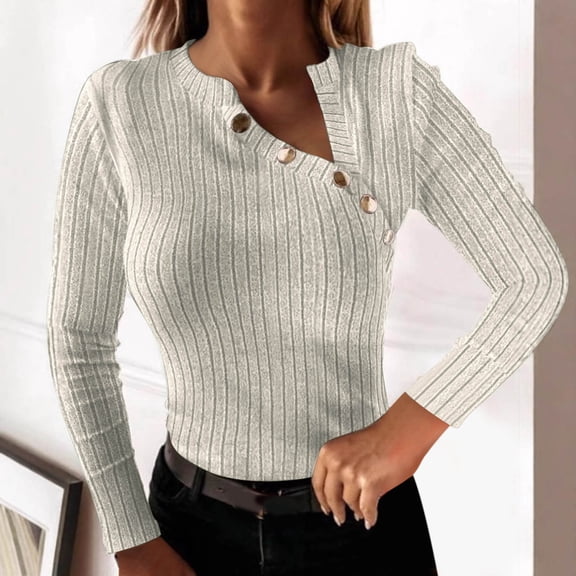 Long Sleeve Shirts for Women Knitted Tops Button Front Slit Casual Ladies Blouse Dressy Tunic Tops Basic Tee Shirts Beige XXL