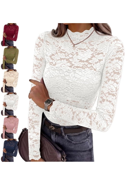 Long Sleeve Shirts for Women Lace Mesh Sheer Blouses for Women Dressy Casual Fall Fashion Womens Blouses
