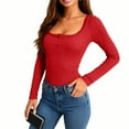 thumbnail image 1 of Long Sleeve Shirts for Women Lace Trim Buttons Henley Shirts Slim Fit Ribbed Knit Going Out Top Blouses Early Spring Fashion, 1 of 5