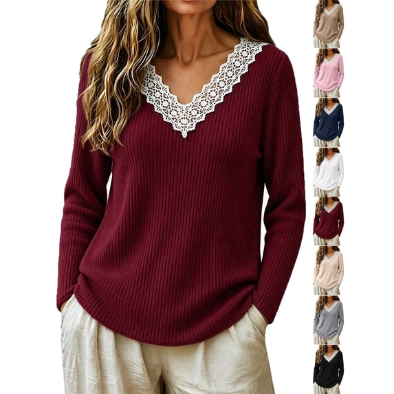 Long Sleeve Shirts for Women Lace V-Neck Soft Ribbed Knit Pullover Casual Fall Winter Shirt
