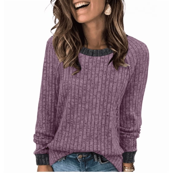 Long Sleeve Shirts for Women Lightweight Crew Neck Sweaters Fall Outfits Color Block Winter Clothing Dressy Casual Soft