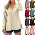thumbnail image 1 of Long Sleeve Shirts for Women Linen V Neck Buttons Loose Tops Side Slit Hem Solid Color Casual Breathable Blouse Tops, 1 of 9