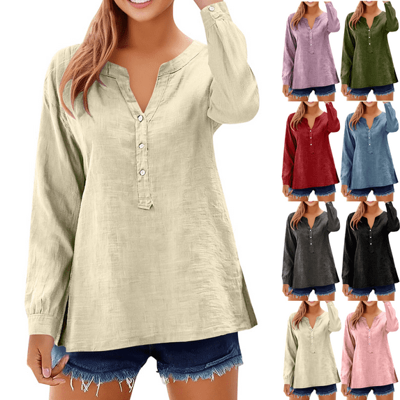 Long Sleeve Shirts for Women Linen V Neck Buttons Loose Tops Side Slit Hem Solid Color Casual Breathable Blouse Tops