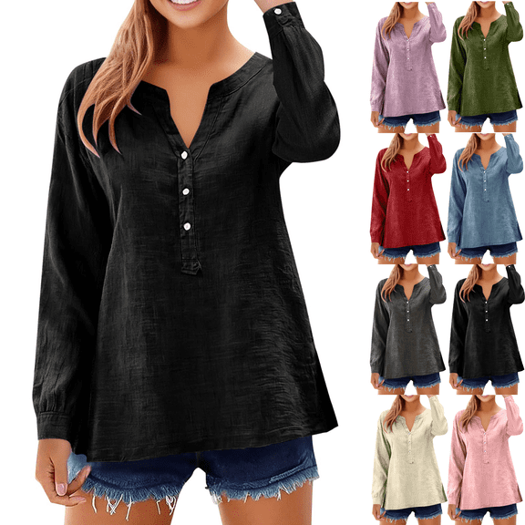 Long Sleeve Shirts for Women Linen V Neck Buttons Loose Tops Side Slit Hem Solid Color Casual Breathable Blouse Tops
