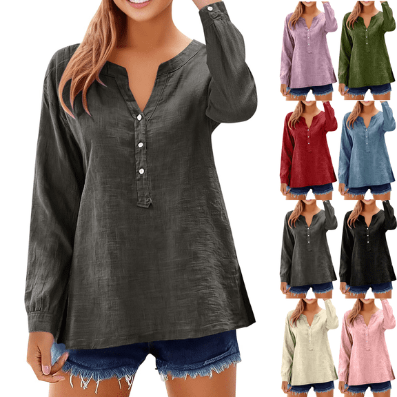 Long Sleeve Shirts for Women Linen V Neck Buttons Loose Tops Side Slit Hem Solid Color Casual Breathable Blouse Tops